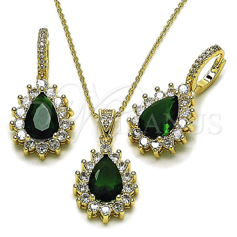 Oro Laminado Earring and Pendant Adult Set, Gold Filled Style Teardrop and Cluster Design, with Green and White Cubic Zirconia, Polished, Golden Finish, 10.438.0002.1