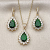 Oro Laminado Earring and Pendant Adult Set, Gold Filled Style Teardrop and Cluster Design, with Green and White Cubic Zirconia, Polished, Golden Finish, 10.438.0002.1