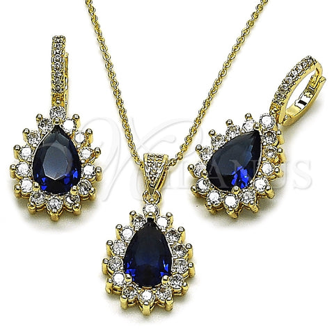 Oro Laminado Earring and Pendant Adult Set, Gold Filled Style Teardrop and Cluster Design, with Sapphire Blue and White Cubic Zirconia, Polished, Golden Finish, 10.438.0002.2