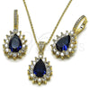 Oro Laminado Earring and Pendant Adult Set, Gold Filled Style Teardrop and Cluster Design, with Sapphire Blue and White Cubic Zirconia, Polished, Golden Finish, 10.438.0002.2