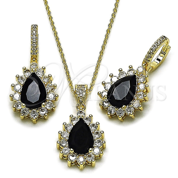 Oro Laminado Earring and Pendant Adult Set, Gold Filled Style Teardrop and Cluster Design, with Black and White Cubic Zirconia, Polished, Golden Finish, 10.438.0002.3