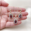 Oro Laminado Earring and Pendant Adult Set, Gold Filled Style Teardrop and Cluster Design, with Amethyst and White Cubic Zirconia, Polished, Golden Finish, 10.438.0002.4