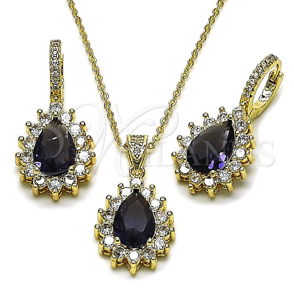 Oro Laminado Earring and Pendant Adult Set, Gold Filled Style Teardrop and Cluster Design, with Amethyst and White Cubic Zirconia, Polished, Golden Finish, 10.438.0002.4
