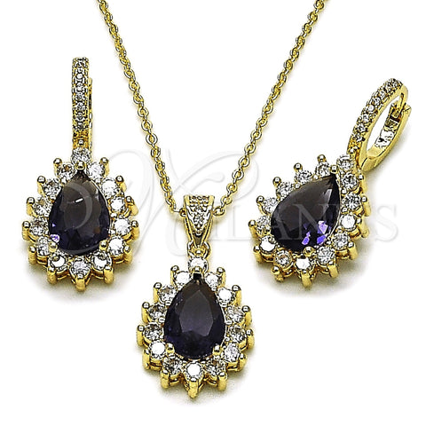 Oro Laminado Earring and Pendant Adult Set, Gold Filled Style Teardrop and Cluster Design, with Amethyst and White Cubic Zirconia, Polished, Golden Finish, 10.438.0002.4
