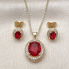 Oro Laminado Earring and Pendant Adult Set, Gold Filled Style Cluster Design, with Garnet Cubic Zirconia and White Micro Pave, Polished, Golden Finish, 10.438.0003