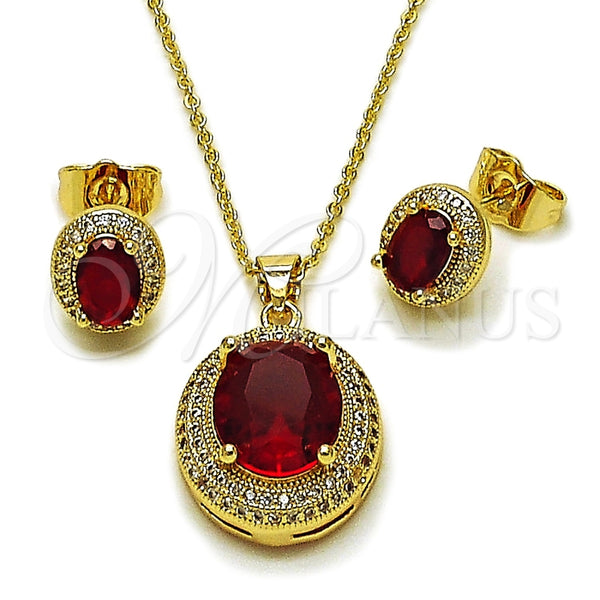 Oro Laminado Earring and Pendant Adult Set, Gold Filled Style Cluster Design, with Garnet Cubic Zirconia and White Micro Pave, Polished, Golden Finish, 10.438.0003