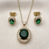 Oro Laminado Earring and Pendant Adult Set, Gold Filled Style Cluster Design, with Green Cubic Zirconia and White Micro Pave, Polished, Golden Finish, 10.438.0003.1