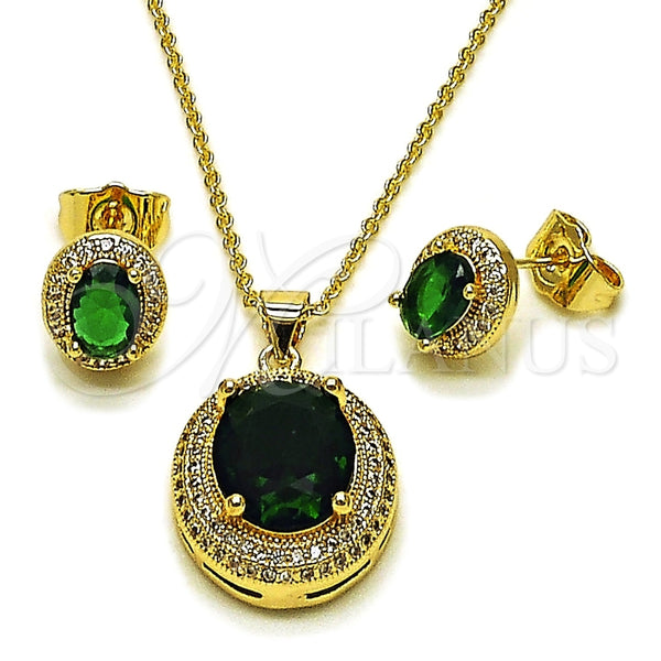 Oro Laminado Earring and Pendant Adult Set, Gold Filled Style Cluster Design, with Green Cubic Zirconia and White Micro Pave, Polished, Golden Finish, 10.438.0003.1