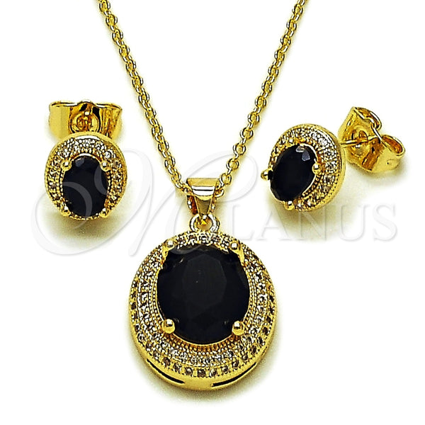 Oro Laminado Earring and Pendant Adult Set, Gold Filled Style Cluster Design, with Black Cubic Zirconia and White Micro Pave, Polished, Golden Finish, 10.438.0003.3
