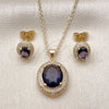 Oro Laminado Earring and Pendant Adult Set, Gold Filled Style Cluster Design, with Amethyst Cubic Zirconia and White Micro Pave, Polished, Golden Finish, 10.438.0003.4