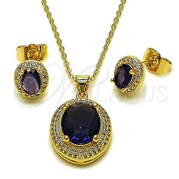 Oro Laminado Earring and Pendant Adult Set, Gold Filled Style Cluster Design, with Amethyst Cubic Zirconia and White Micro Pave, Polished, Golden Finish, 10.438.0003.4