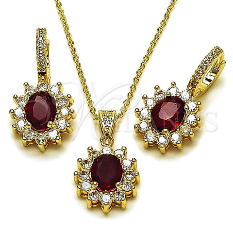 Oro Laminado Earring and Pendant Adult Set, Gold Filled Style Cluster Design, with Garnet and White Cubic Zirconia, Polished, Golden Finish, 10.438.0004