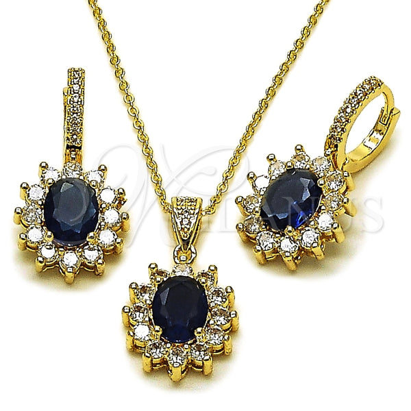 Oro Laminado Earring and Pendant Adult Set, Gold Filled Style Cluster Design, with Sapphire Blue and White Cubic Zirconia, Polished, Golden Finish, 10.438.0004.2