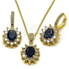 Oro Laminado Earring and Pendant Adult Set, Gold Filled Style Cluster Design, with Sapphire Blue and White Cubic Zirconia, Polished, Golden Finish, 10.438.0004.2
