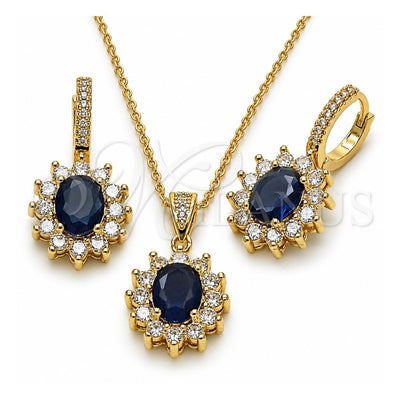 Oro Laminado Earring and Pendant Adult Set, Gold Filled Style Cluster Design, with Sapphire Blue and White Cubic Zirconia, Polished, Golden Finish, 10.438.0004.2