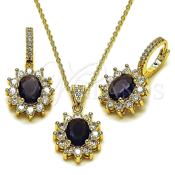 Oro Laminado Earring and Pendant Adult Set, Gold Filled Style Cluster Design, with Amethyst and White Cubic Zirconia, Polished, Golden Finish, 10.438.0004.4