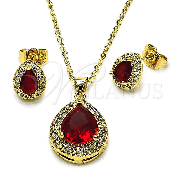 Oro Laminado Earring and Pendant Adult Set, Gold Filled Style Teardrop and Cluster Design, with Garnet Cubic Zirconia and White Micro Pave, Polished, Golden Finish, 10.438.0005