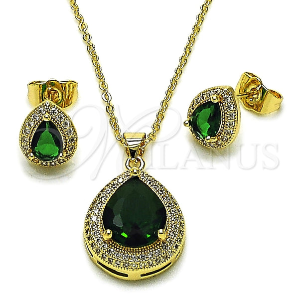 Oro Laminado Earring and Pendant Adult Set, Gold Filled Style Teardrop and Cluster Design, with Green Cubic Zirconia and White Micro Pave, Polished, Golden Finish, 10.438.0005.1
