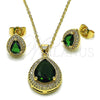 Oro Laminado Earring and Pendant Adult Set, Gold Filled Style Teardrop and Cluster Design, with Green Cubic Zirconia and White Micro Pave, Polished, Golden Finish, 10.438.0005.1