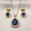 Oro Laminado Earring and Pendant Adult Set, Gold Filled Style Teardrop and Cluster Design, with Sapphire Blue Cubic Zirconia and White Micro Pave, Polished, Golden Finish, 10.438.0005.2