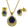 Oro Laminado Earring and Pendant Adult Set, Gold Filled Style Teardrop and Cluster Design, with Sapphire Blue Cubic Zirconia and White Micro Pave, Polished, Golden Finish, 10.438.0005.2