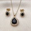 Oro Laminado Earring and Pendant Adult Set, Gold Filled Style Teardrop and Cluster Design, with Black Cubic Zirconia and White Micro Pave, Polished, Golden Finish, 10.438.0005.3