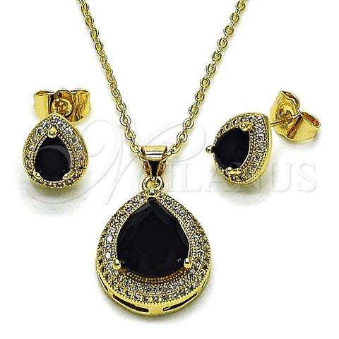 Oro Laminado Earring and Pendant Adult Set, Gold Filled Style Teardrop and Cluster Design, with Black Cubic Zirconia and White Micro Pave, Polished, Golden Finish, 10.438.0005.3