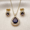 Oro Laminado Earring and Pendant Adult Set, Gold Filled Style Teardrop and Cluster Design, with Amethyst Cubic Zirconia and White Micro Pave, Polished, Golden Finish, 10.438.0005.4