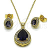 Oro Laminado Earring and Pendant Adult Set, Gold Filled Style Teardrop and Cluster Design, with Amethyst Cubic Zirconia and White Micro Pave, Polished, Golden Finish, 10.438.0005.4