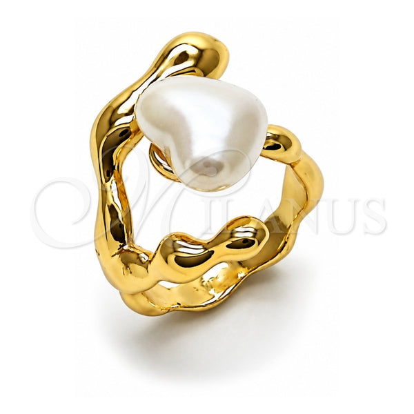 Oro Laminado Multi Stone Ring, Gold Filled Style Heart Design, with Ivory Mother of Pearl, Polished, Golden Finish, 01.438.0002 (One size fits all)