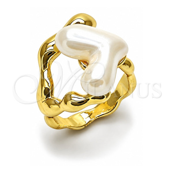 Oro Laminado Multi Stone Ring, Gold Filled Style Heart Design, with Ivory Mother of Pearl, Polished, Golden Finish, 01.438.0003 (One size fits all)