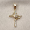 Oro Laminado Religious Pendant, Gold Filled Style Cross and Crown Design, with White Cubic Zirconia and White Micro Pave, Polished, Golden Finish, 05.438.0001