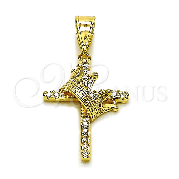 Oro Laminado Religious Pendant, Gold Filled Style Cross and Crown Design, with White Cubic Zirconia and White Micro Pave, Polished, Golden Finish, 05.438.0001