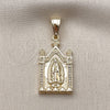 Oro Laminado Religious Pendant, Gold Filled Style Guadalupe Design, with White Micro Pave, Polished, Golden Finish, 05.438.0005