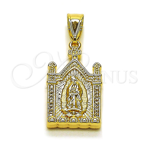 Oro Laminado Religious Pendant, Gold Filled Style Guadalupe Design, with White Micro Pave, Polished, Golden Finish, 05.438.0005