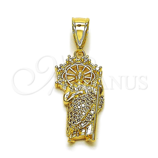 Oro Laminado Religious Pendant, Gold Filled Style San Judas Design, with White Cubic Zirconia, Polished, Golden Finish, 05.438.0006