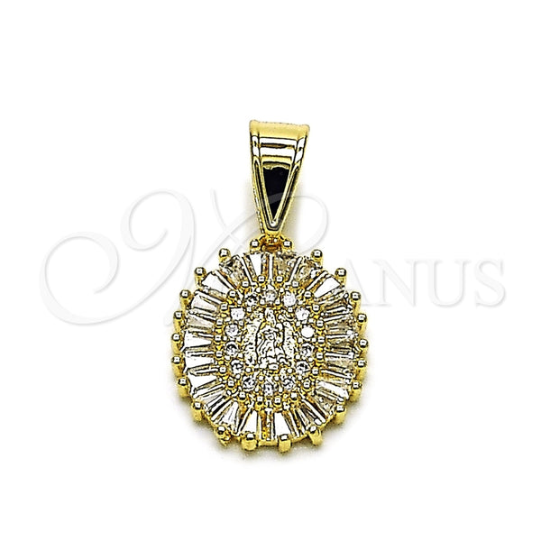 Oro Laminado Religious Pendant, Gold Filled Style Guadalupe and Baguette Design, with White Cubic Zirconia, Polished, Golden Finish, 05.438.0007