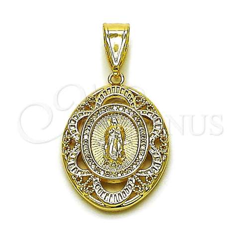 Oro Laminado Religious Pendant, Gold Filled Style Guadalupe Design, with White Cubic Zirconia, Polished, Golden Finish, 05.438.0008