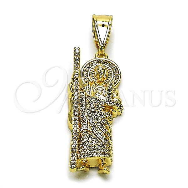 Oro Laminado Religious Pendant, Gold Filled Style San Judas Design, with White Cubic Zirconia, Polished, Golden Finish, 05.438.0009