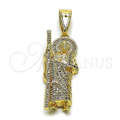Oro Laminado Religious Pendant, Gold Filled Style San Judas Design, with White Cubic Zirconia, Polished, Golden Finish, 05.438.0009