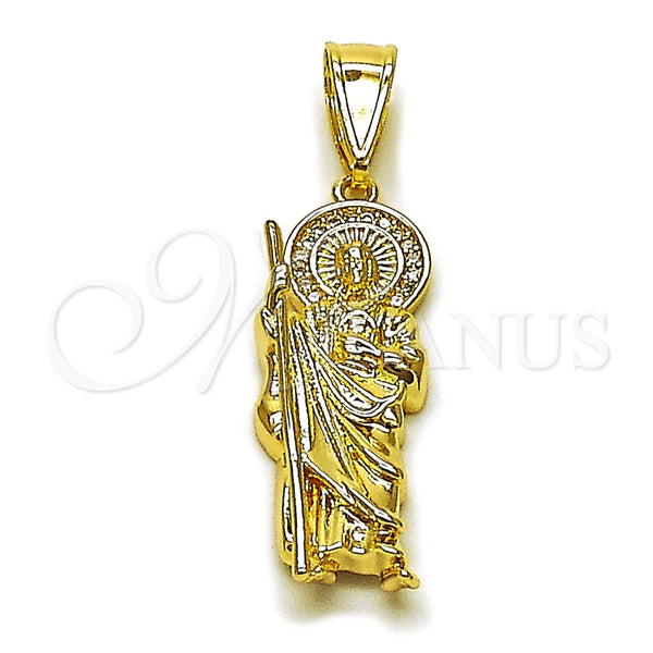 Oro Laminado Religious Pendant, Gold Filled Style San Judas Design, with White Cubic Zirconia, Polished, Golden Finish, 05.438.0010
