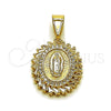 Oro Laminado Religious Pendant, Gold Filled Style Guadalupe and Baguette Design, with White Cubic Zirconia, Matte Finish, Golden Finish, 05.438.0011