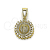 Oro Laminado Religious Pendant, Gold Filled Style Guadalupe and Baguette Design, with White Cubic Zirconia, Matte Finish, Golden Finish, 05.438.0012