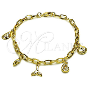Oro Laminado Charm Bracelet, Gold Filled Style Shell and Snail Design, Polished, Golden Finish, 04.63.1449.07 (Thickness, 8 Inches Length)