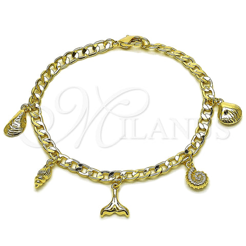 Oro Laminado Charm Bracelet, Gold Filled Style Shell and Snail Design, Polished, Golden Finish, 03.63.2299.07 (Thickness, 8 Inches Length)