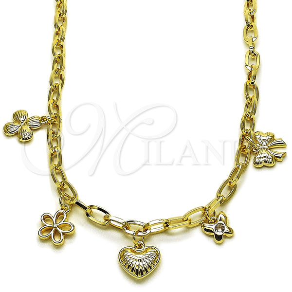 Oro Laminado Fancy Necklace, Gold Filled Style Heart and Butterfly Design, Polished, Golden Finish, 04.63.1450.16