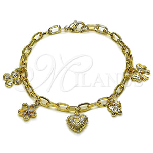 Oro Laminado Charm Bracelet, Gold Filled Style Heart and Flower Design, Polished, Golden Finish, 04.63.1450.07 (Thickness, 8 Inches Length)