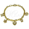 Oro Laminado Charm Bracelet, Gold Filled Style Heart and Flower Design, Polished, Golden Finish, 04.63.1450.07 (Thickness, 8 Inches Length)