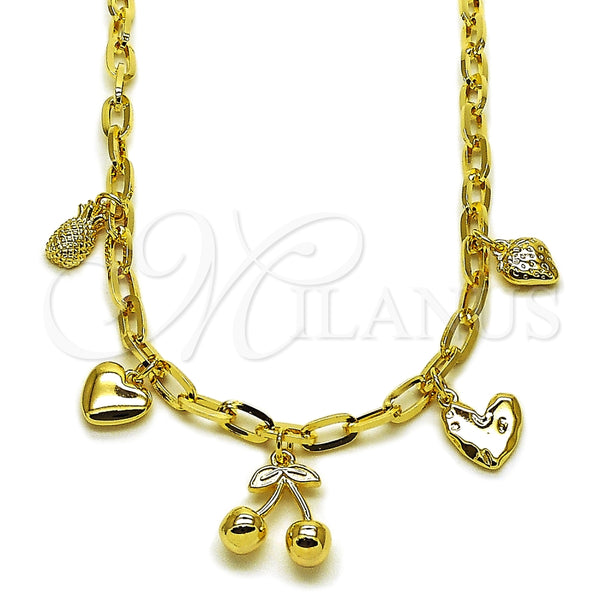 Oro Laminado Fancy Necklace, Gold Filled Style Cherry and Heart Design, Polished, Golden Finish, 04.63.1451.16