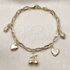 Oro Laminado Charm Bracelet, Gold Filled Style Cherry and Heart Design, Polished, Golden Finish, 04.63.1451.07